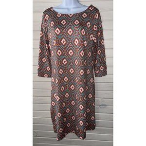 Escapada Living Sz XS Shift Dress Green Orange White Geo Print Knit Stretch EUC